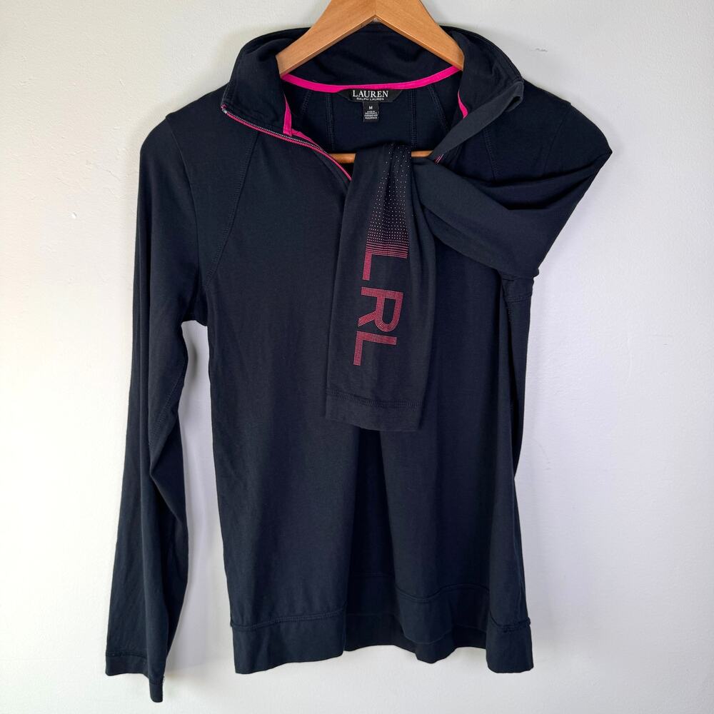 Lauren Ralph Lauren Black Label Navy Hot Pink Logo Quarter Zip Long Sleeve Top M